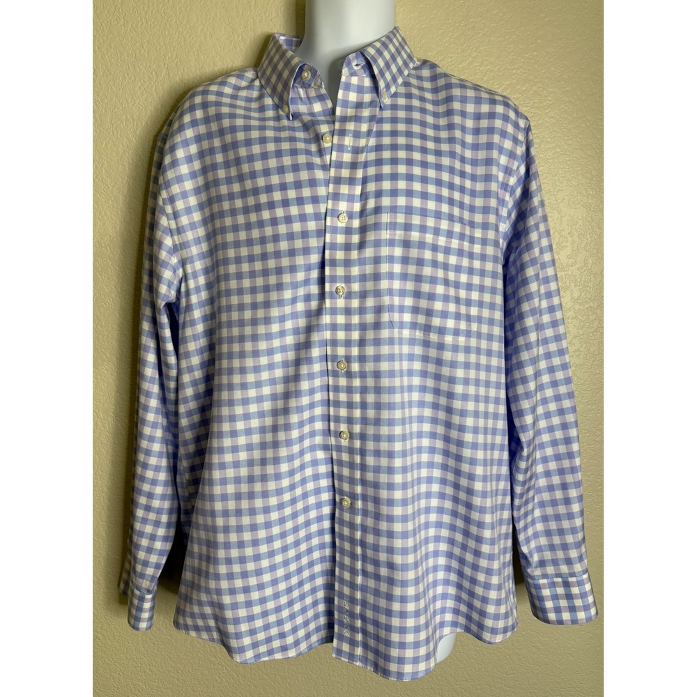 Jos. A. Bank Mens L Button Down Shirt Blue Gingham Signature Tailored Fit Preppy